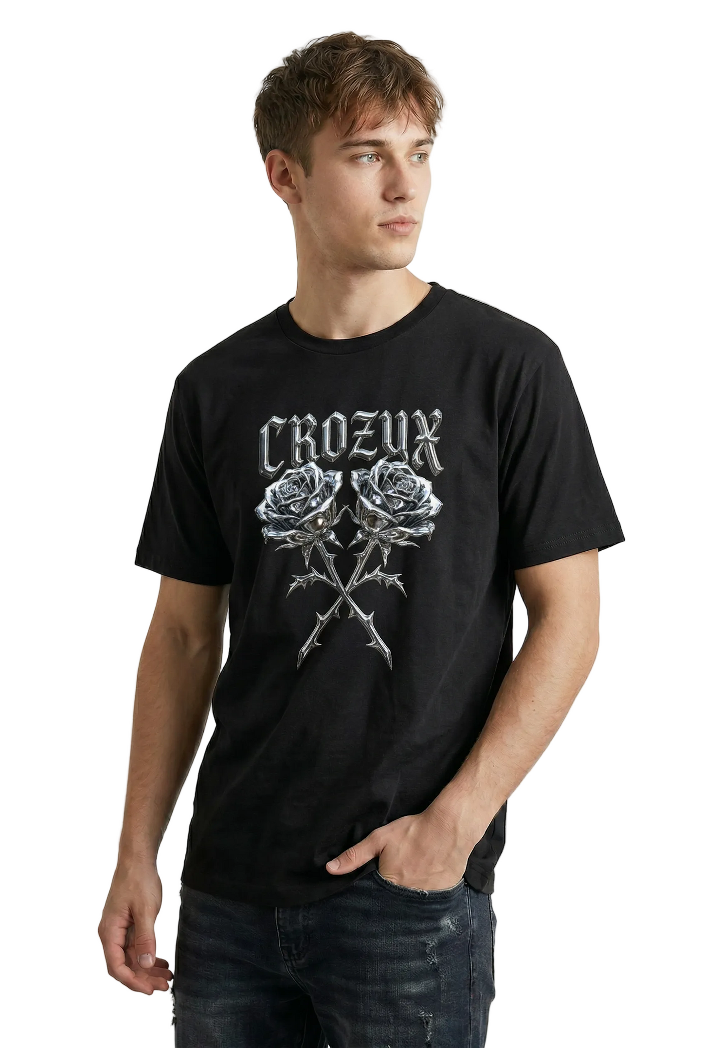 Crew Tee — 'Crozyx' Gothic Roses Graphic T-Shirt